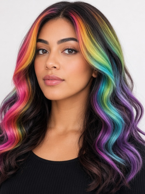 Rainbow Highlight Long Wavy Fashion Wig | Synthetic